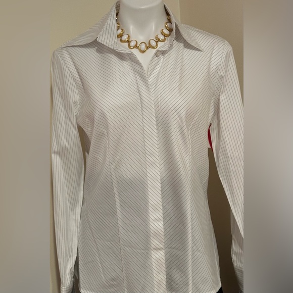 Farinaz Taghavi NWT White Black Stripe Button Down Blouse V Neck Collard… - Picture 2 of 16